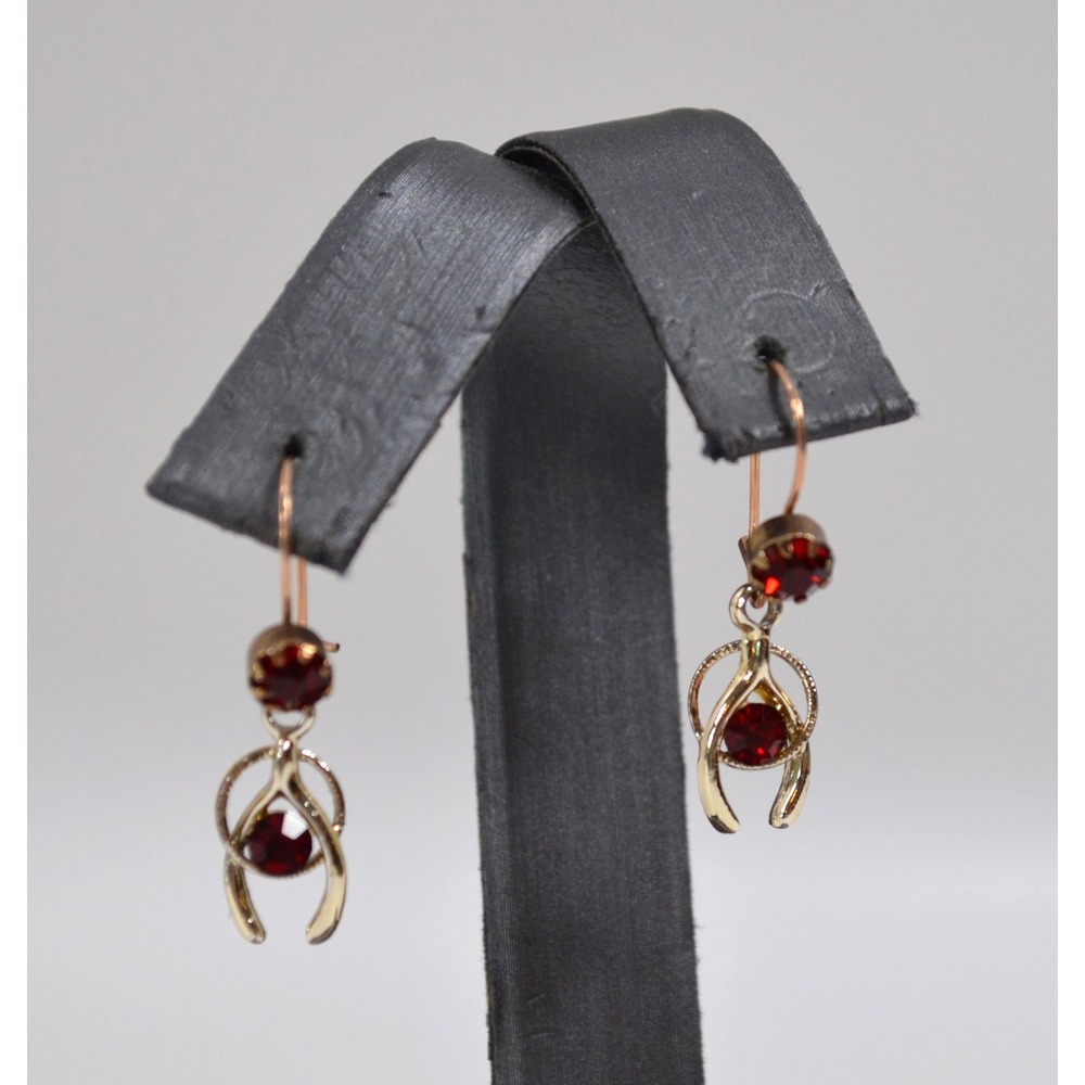 Vintage Gold-Tone Pierced Wishbone Dangle Earrings With Red Garnet/Rhinestones